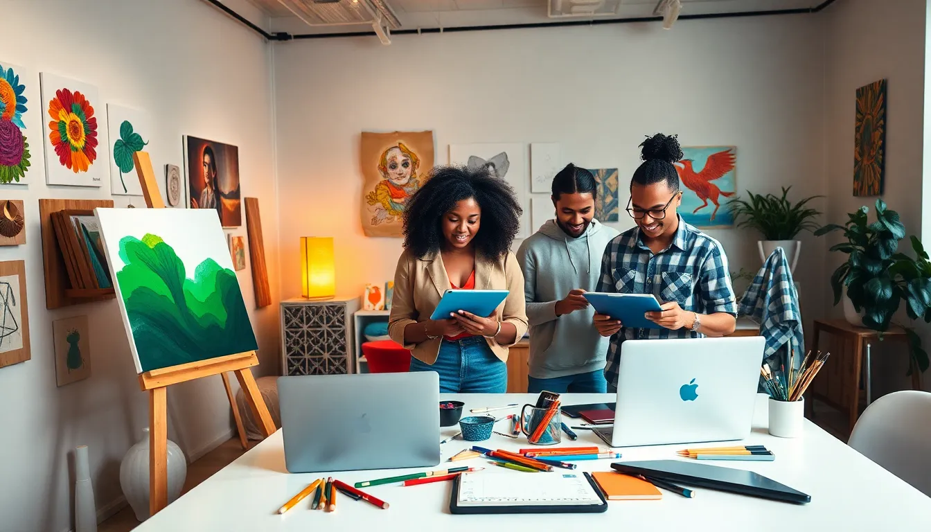 diverse creators collaborating in a vibrant, modern studio.